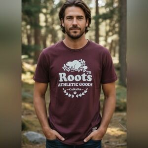 Roots Canada Athletic Goods XL Men's Organic Cooper Beaver T-Shirt Burgundy‎